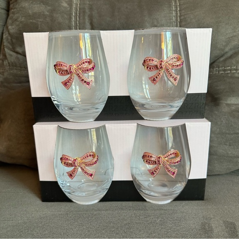 Stemless Wine Glasses Rhinestone Bow Set | Set of 4